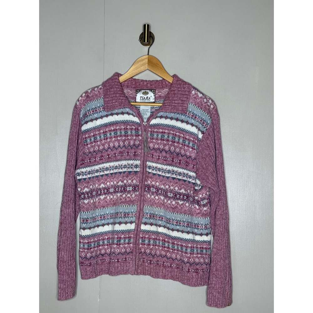 Vintage Tiara International Fair Isle Ramie Cotton Zip Cardigan Sweater‎ L